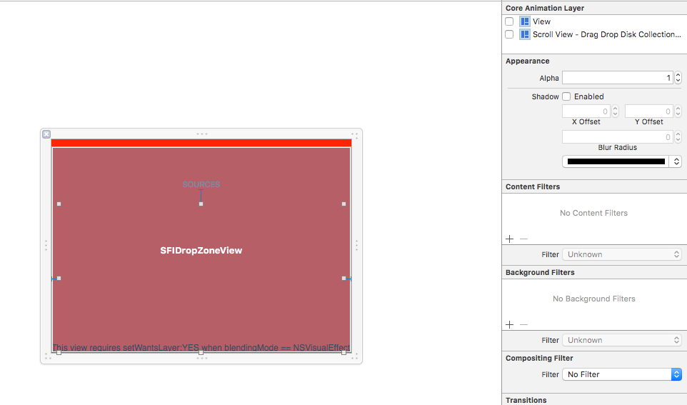 Interface Builder showing a red NSVisualEffectView