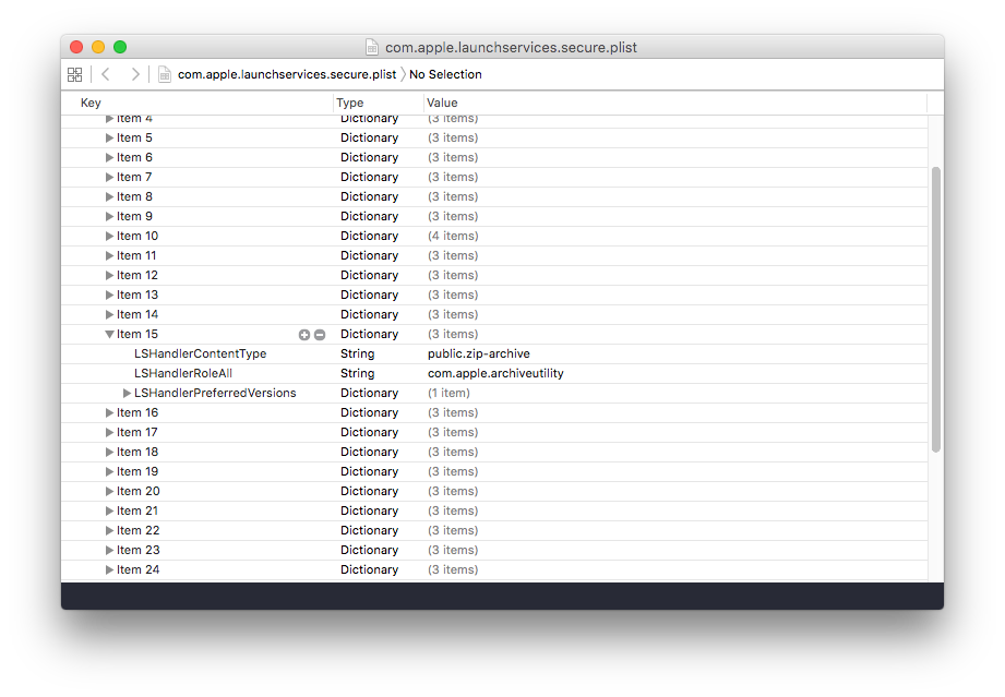 The launchservices plist shown in Xcode