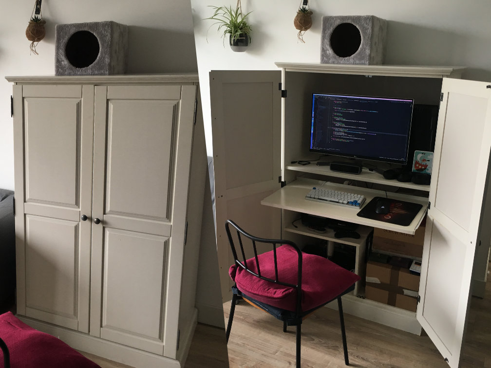 A side-by-side picture of my office inside of a cabinet, doors closed on the left, open on the right