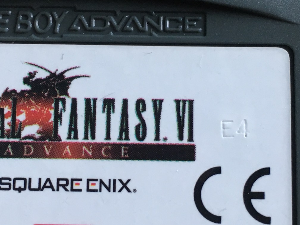 A close-up picture of Final Fantasy VI for GBA showing that the logo on the cart is fuzzy