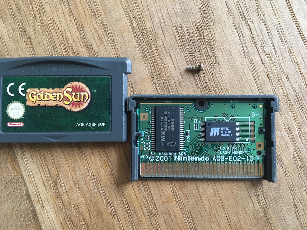 A close-up picture of the circuit board of Golden Sun for GBA showing that it's authentic