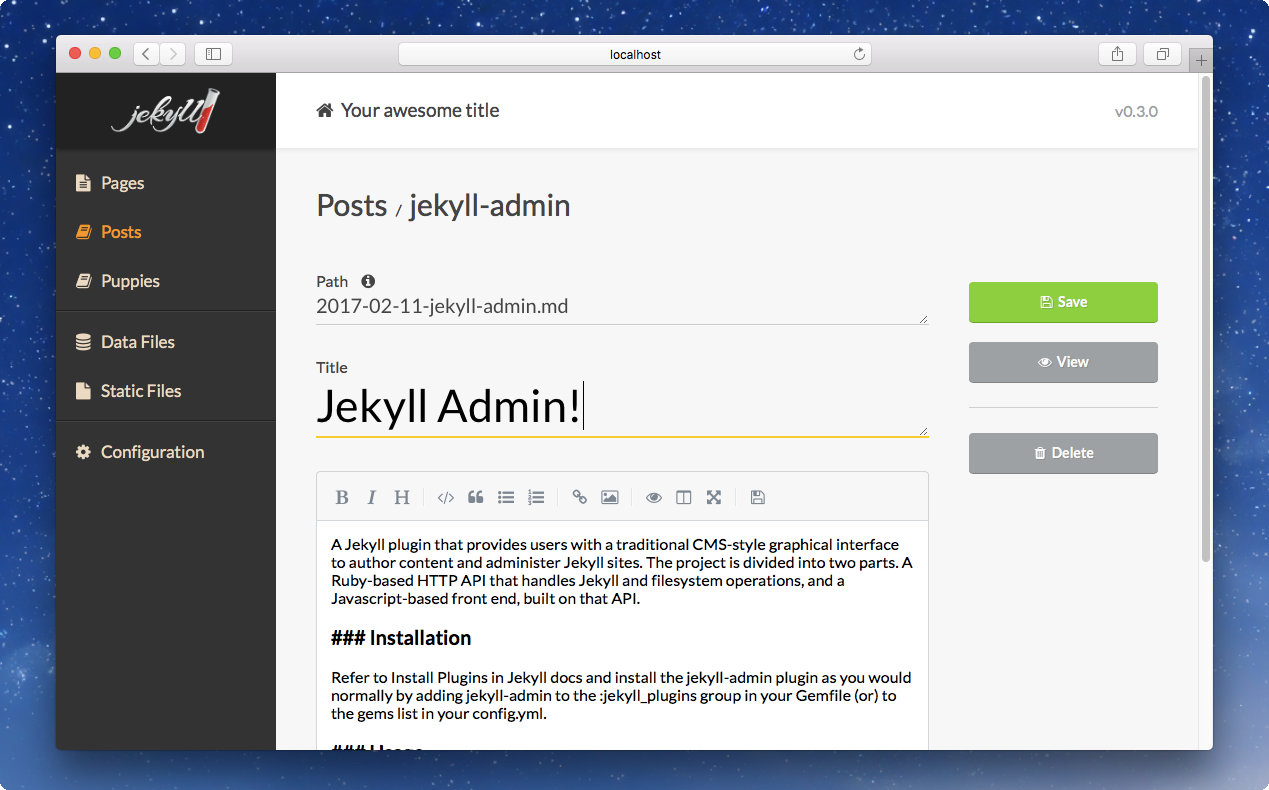 The jekyll-admin post editing interface