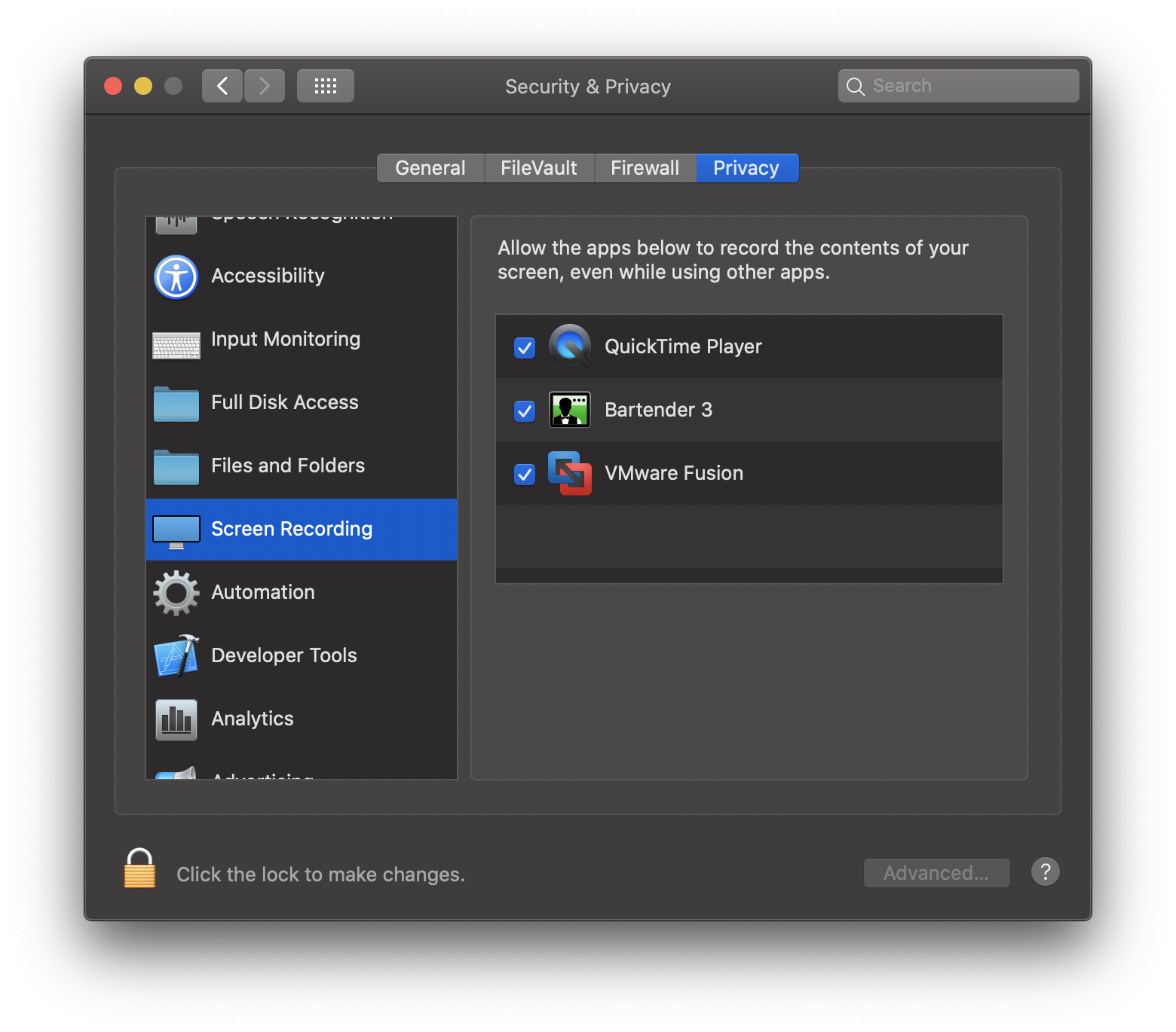 A screenshot of System Preferences showing permission for VMWare Fusion to record the screen