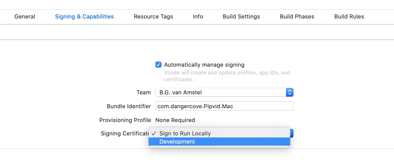 A screenshot showing that you should set 'Signing Certificate' to 'Development'